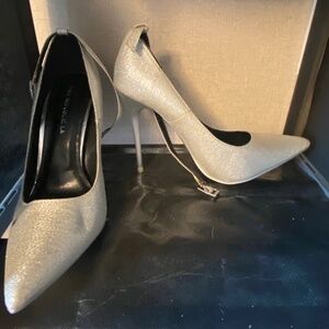 Silver glitter pointed toe ankle strap heels